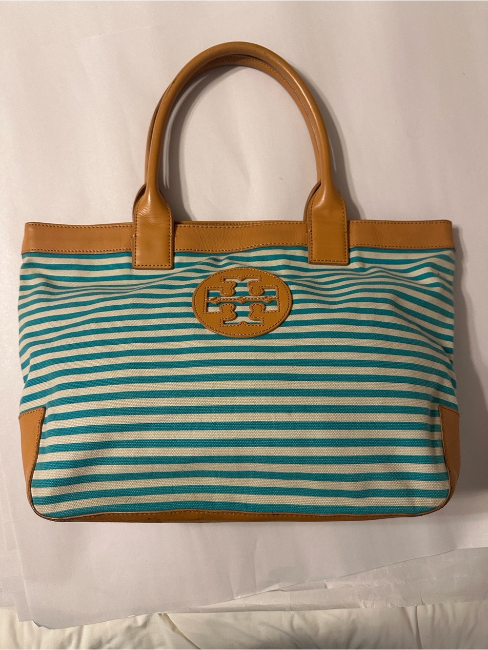Tory Burch Teal and Cream Striped Canvas Small Sophia Tote with Tan Leather Trim - Picture 2 of 16
